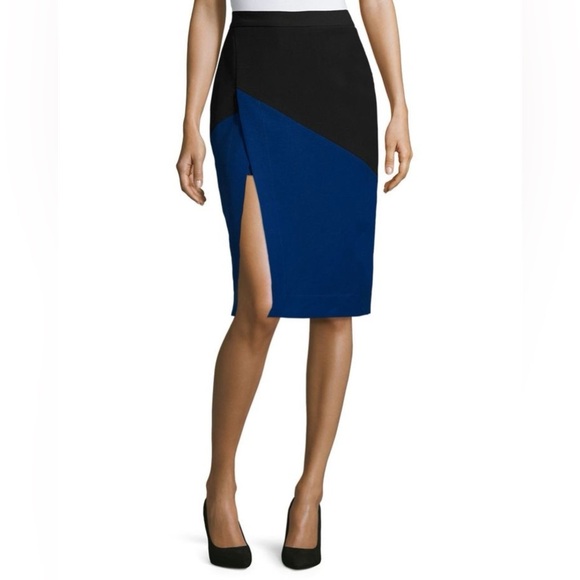 BCBGMAXAZRIA Jowell Sheath Pencil Colorblock Skirt Royal Blue Black Slit Formal - Picture 4 of 12
